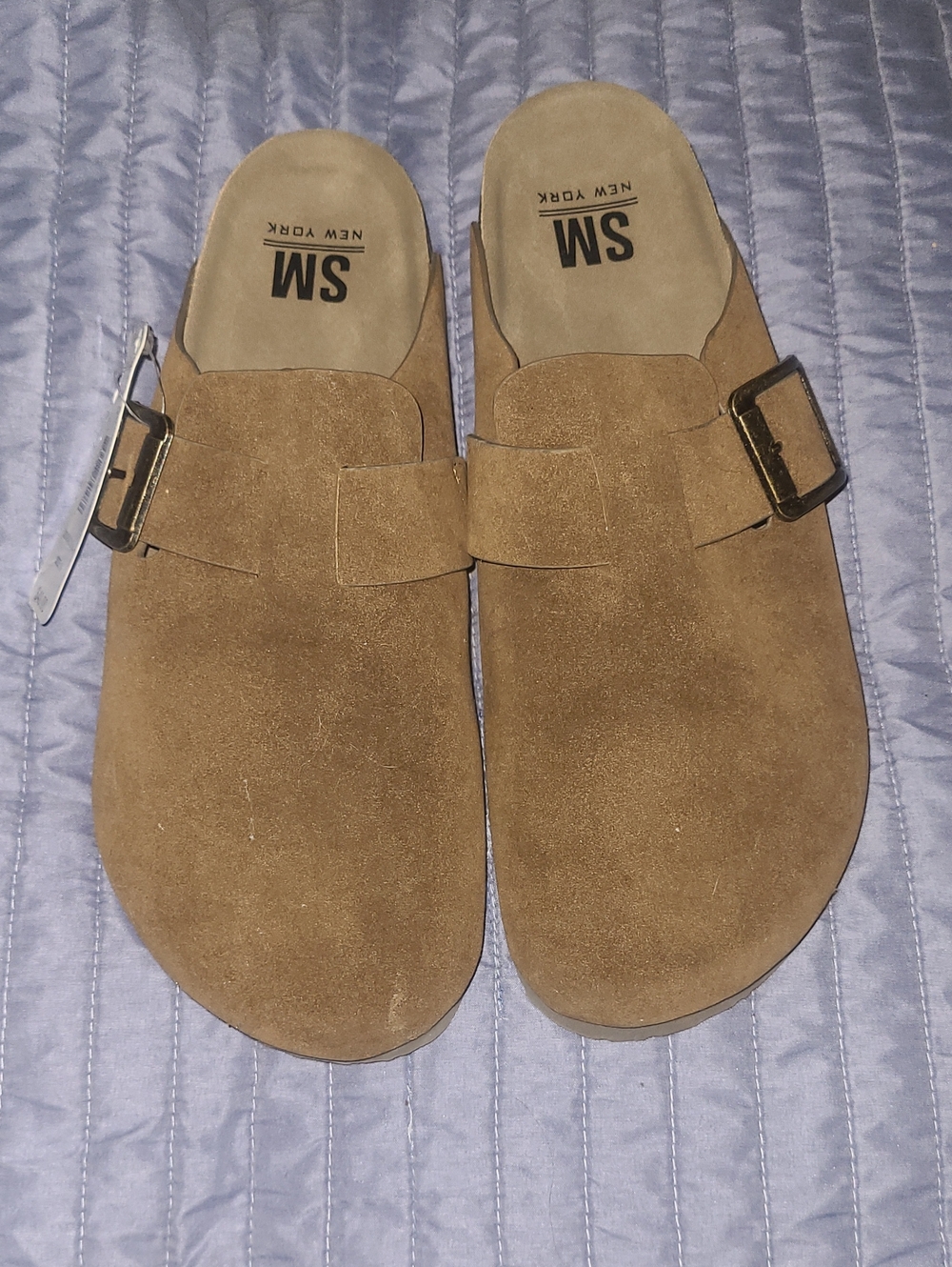 SM New York Beige Suede Slip-On Clogs with Buckle